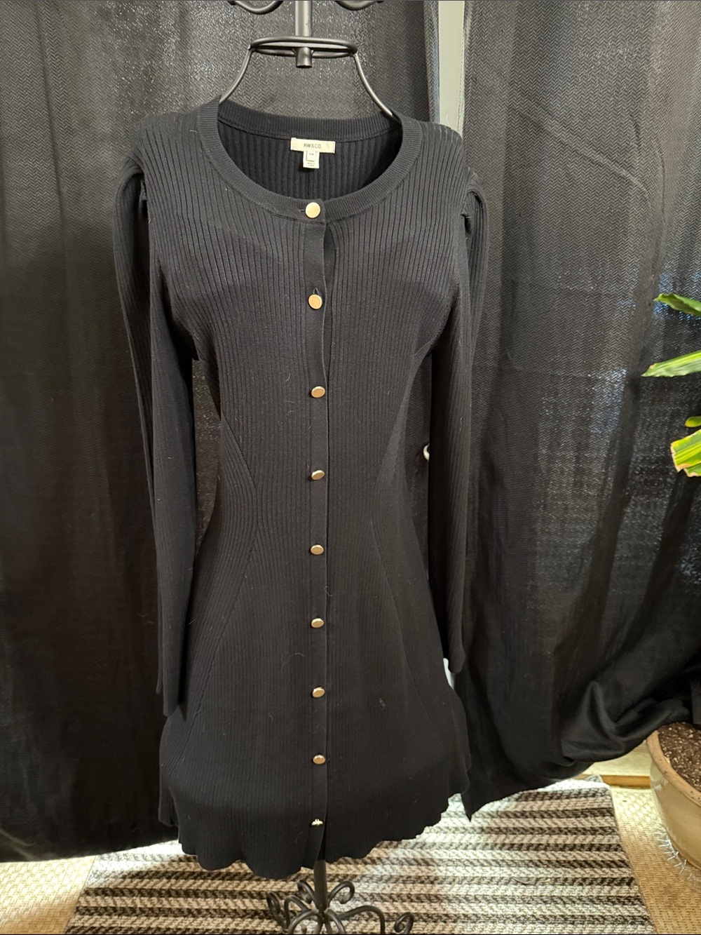 Milano Black Ribbed Long-Sleeve Button Dress